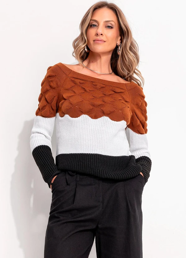 Quintess - Suéter em Tricô Caramelo/Off White/Preto 7