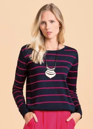 Quintess - Suéter em Tricô Listrado/Marinho/Rosa - QUINTESS