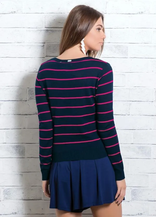 Quintess - Suéter em Tricô Listrado/Marinho/Rosa 3