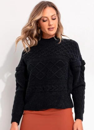 Quintess - Suéter em Tricô Preta com Textura - QUINTESS