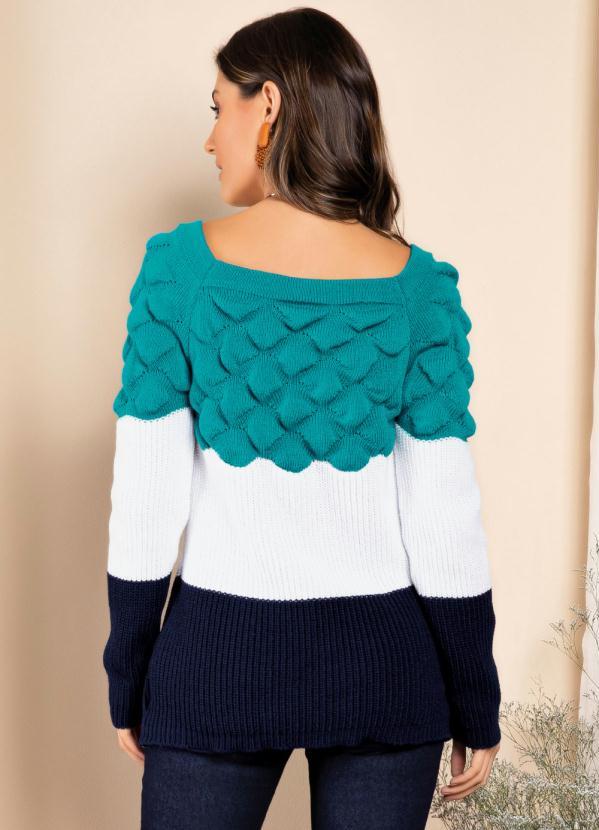 Quintess - Suéter em Tricô Turquesa Off White Marinho 2