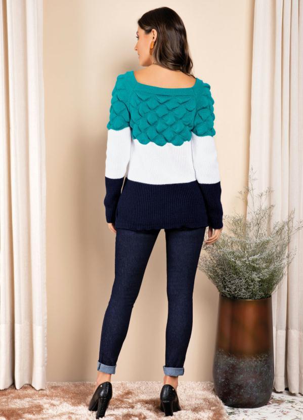 Quintess - Suéter em Tricô Turquesa Off White Marinho 4