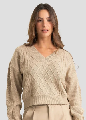 Infinita Cor - Suéter Feminino Decote em V Bege - INFINITA COR