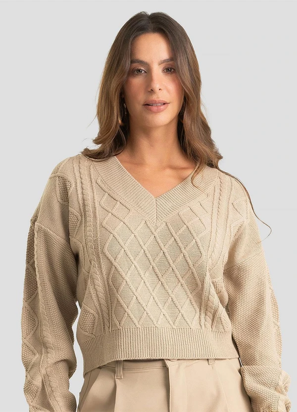 Infinita Cor - Suéter Feminino Decote em V Bege