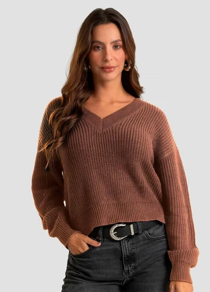 Infinita Cor - Suéter Feminino Decote em V Marrom - INFINITA COR