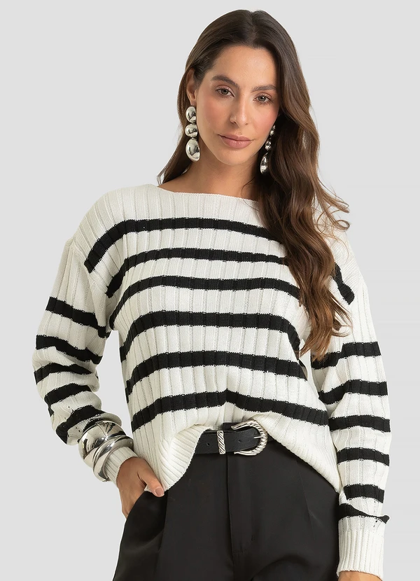 Dianna - Suéter Feminino em Tricot Listrado Bege