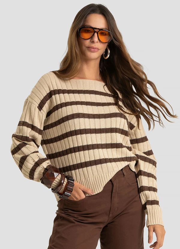 Dianna - Suéter Feminino em Tricot Listrado Marrom