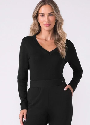 Marialícia - Suéter Feminino Tricot Decote V Preto - MARIALÍCIA