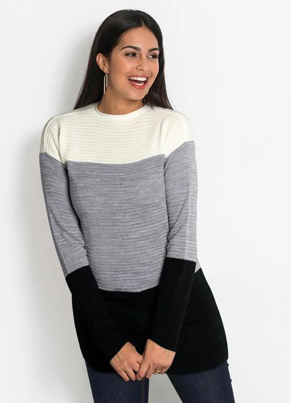 bonprix - Suéter Longo Listrado Branco/Mescla/Preto