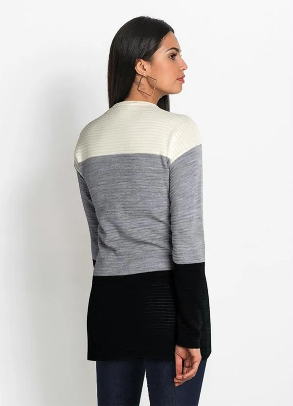 bonprix - Suéter Longo Listrado Branco/Mescla/Preto 5
