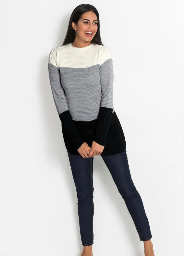 bonprix - Suéter Longo Listrado Branco/Mescla/Preto 4