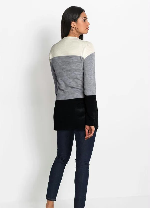 bonprix - Suéter Longo Listrado Branco/Mescla/Preto 3