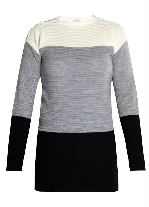bonprix - Suéter Longo Listrado Branco/Mescla/Preto 2