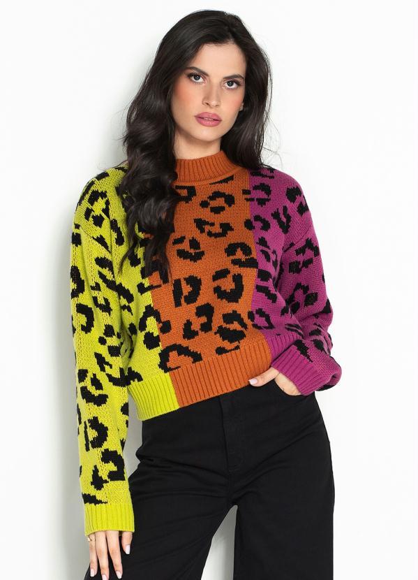 Farm - Sweater Curto de Tricot Leopardo Mix Estampado