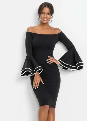 Vestido Ombro a Ombro Mangas Sino (Preto)