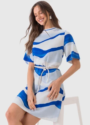 Malwee - Vestido Abstrato Curto Amplo em Viscolinho Azul - MALWEE