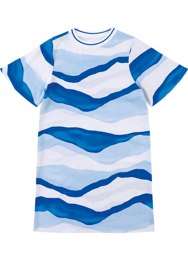 Malwee - Vestido Abstrato Curto Amplo em Viscolinho Azul 2