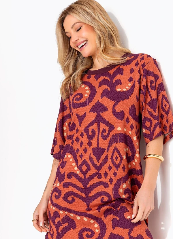 Quintess - Vestido Abstrato Laranja em Malha de Viscose 3