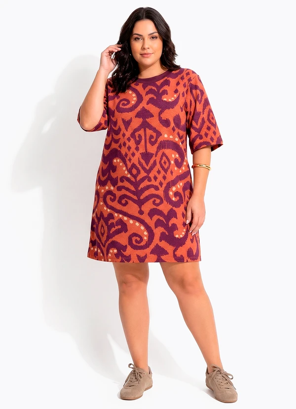 Quintess - Vestido Abstrato Laranja em Malha de Viscose