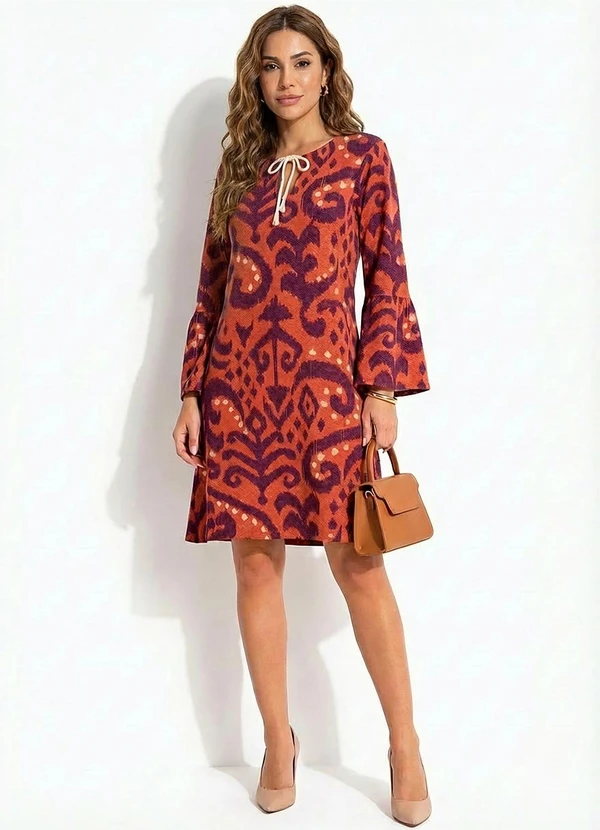 Quintess - Vestido Abstrato Laranja em Malha de Viscose 3