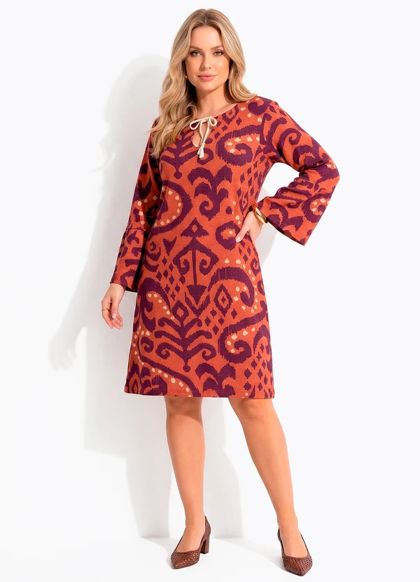 Quintess - Vestido Abstrato Laranja em Malha de Viscose 2