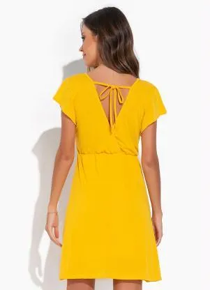 Moda Pop - Vestido Amarela com Manga Curta e Amarração - MODA POP