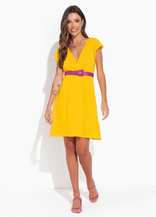Moda Pop - Vestido Amarela com Manga Curta e Amarração 4