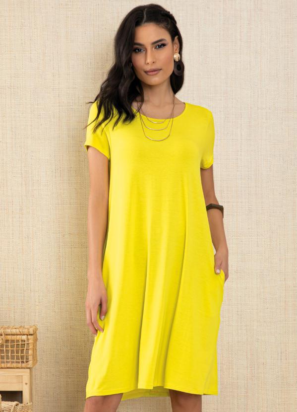 Quintess - Vestido Amarelo com Bolsos e Mangas Curtas 2