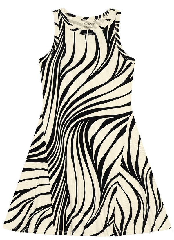 Malwee - Vestido Animal Print Canelado Evasê Off White