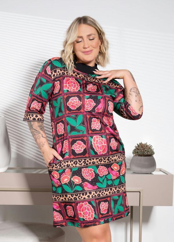 Quintess - Vestido Animal Print Floral com Gola Retilínea