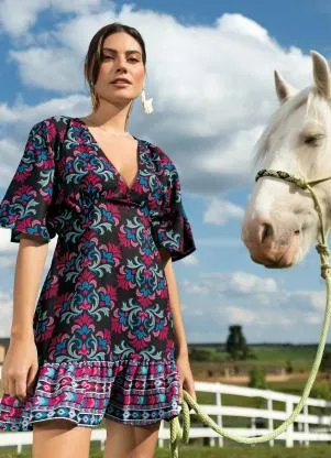 Quintess - Vestido Arabesco Folk com Babado e Franzido - QUINTESS