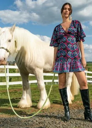 Quintess - Vestido Arabesco Folk com Babado e Franzido - QUINTESS
