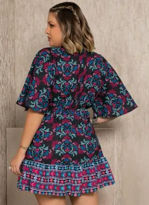 Quintess - Vestido Arabesco Folk com Babado e Franzido - QUINTESS