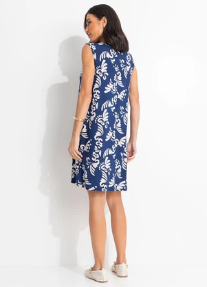 Quintess - Vestido Arabescos Marinho em Malha de Viscose - QUINTESS