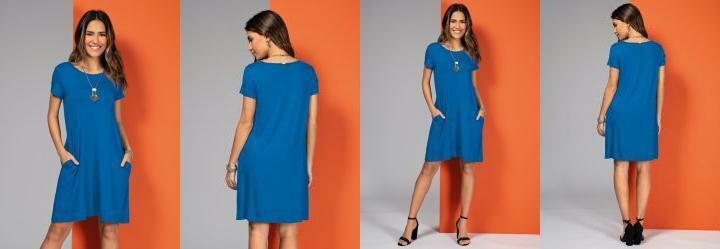 Vestido Azul com Bolsos e Mangas Curtas