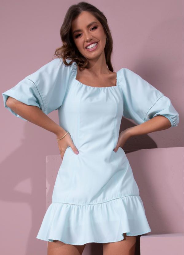 Quintess - Vestido Azul com Manga Bufante e Entremeio