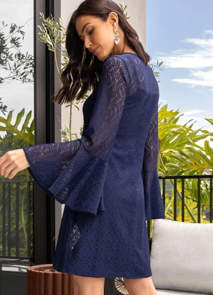 Quintess - Vestido Azul Marinho em Renda - QUINTESS