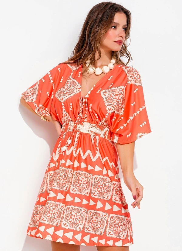 Quintess - Vestido Barrado Coral em Malha Fria