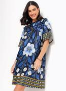 Vestido Barrado Floral Azul em Malha Fria