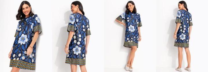 Vestido Barrado Floral Azul em Malha Fria