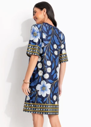 Quintess - Vestido Barrado Floral Azul em Malha Fria - QUINTESS