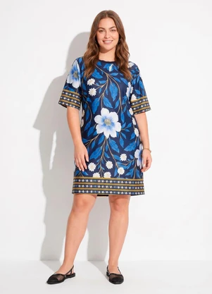 Quintess - Vestido Barrado Floral Azul em Malha Fria - QUINTESS