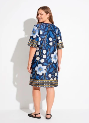 Quintess - Vestido Barrado Floral Azul em Malha Fria - QUINTESS