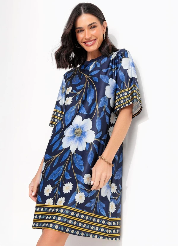 Quintess - Vestido Barrado Floral Azul em Malha Fria