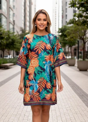Quintess - Vestido Barrado Tropical em Malha Fria - QUINTESS