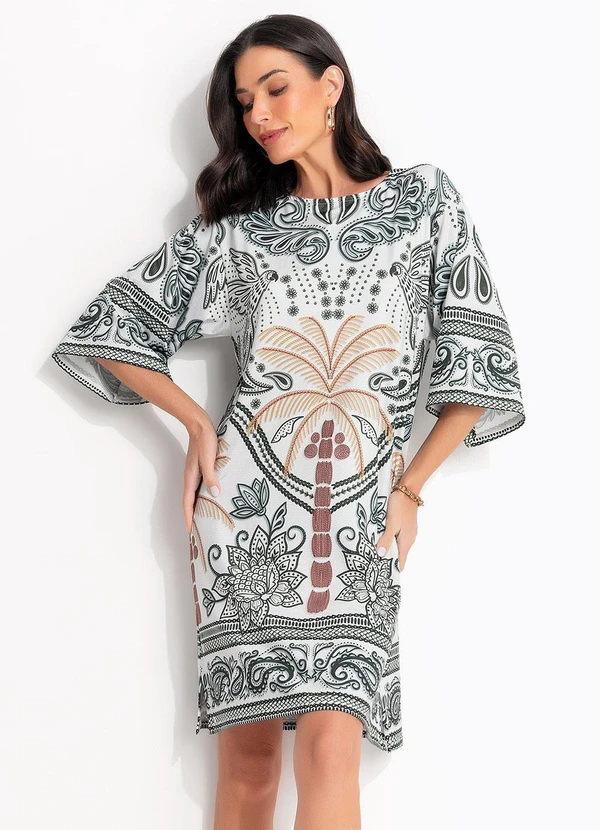 Quintess - Vestido Barrado Tropical Verde em Malha Fria