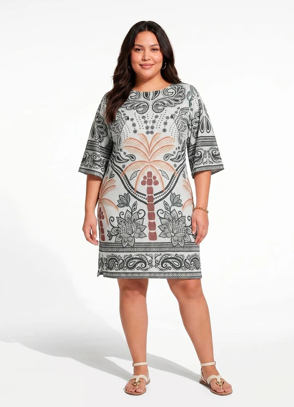 Quintess - Vestido Barrado Tropical Verde em Malha Fria