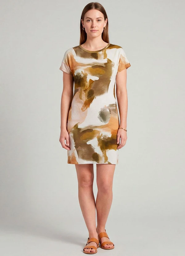 Infinita Cor - Vestido Básico com Gola Redonda Bege 3