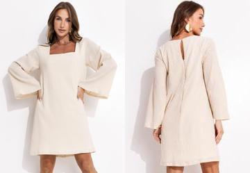 Vestido Bege Bordado em Gaze de Algodo Bordado