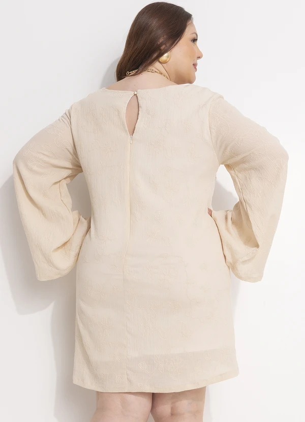 Quintess - Vestido Curto Bege em Gaze de Algodão com Manga Ampla e Decote Quadrado 14